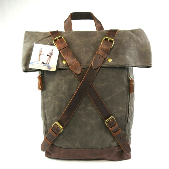 Waxed Canvas With Leather Trim Roll Top Backpack - Picture 2 of 8